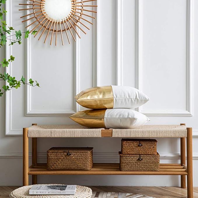 DEZENE Leather Throw Pillow Covers, Set of 2 Modern Leather/Cotton Decorative Pillowcases for Home Decor Bedroom Living Room Couch Bed Sofa, 12x20 Inch, Gold and White