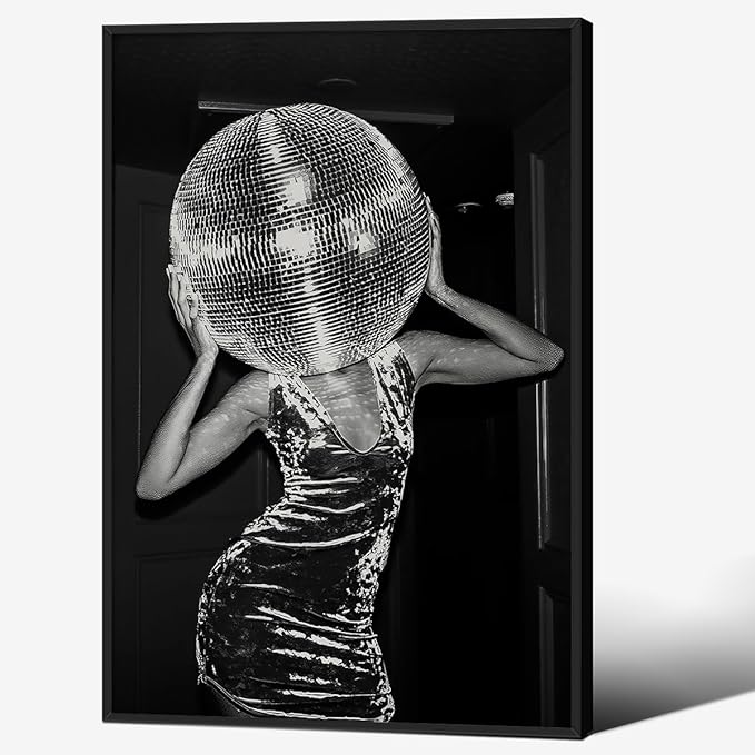 Vintage Funky Y2k Hot Girl Poster Black and White Disco Ball Canvas Wall Art 16x24 inch Black Framed Trendy Preppy Bar Cart Decor for Living Room Dorm