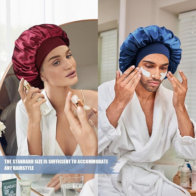 Satin Silk Bonnet for Sleeping, Double Layer Silk Sleep Cap for Men & Women, Soft Satin Lined Bonnet for Natural & Curly Hair(Navy Blue)
