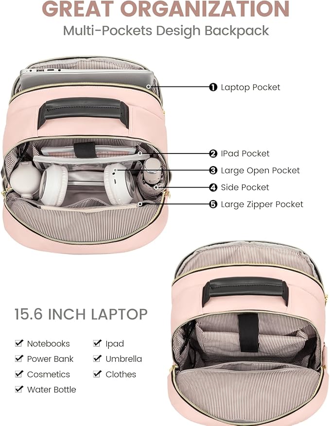 LOVEVOOK Laptop Backpack Purse for Women, Large Capacity Travel Business Computer Work Bag, Quilted Casual Nurse Backpack for Womens, Fit 15.6 Inch Laptop with USB Port, Nude
