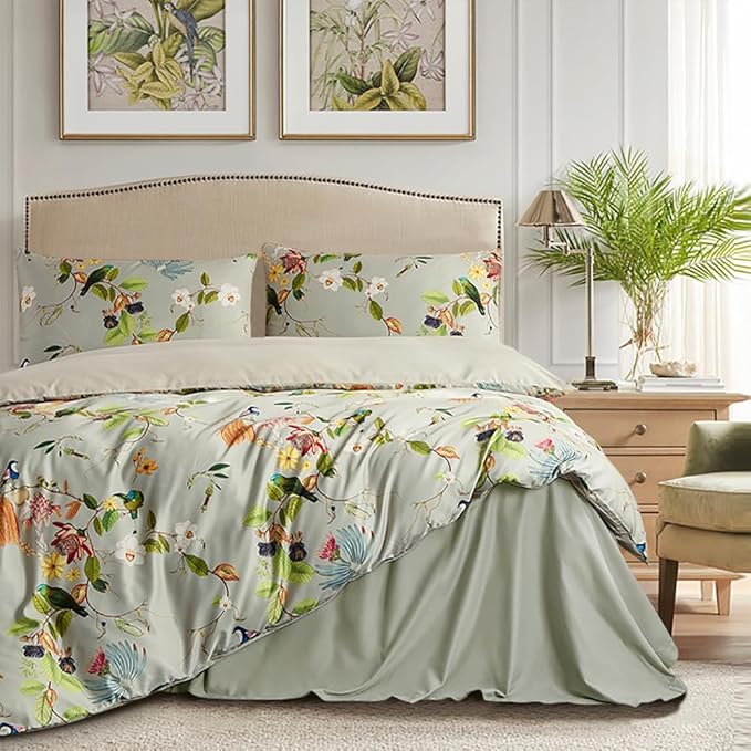 mixinni Garden Style Floral Birds 3 Pieces Duvet Cover California King Size Green Leaves Pattern Printed Cotton Duvet Cover with 2 Pillowcases with Zipper Closure for Him and Her