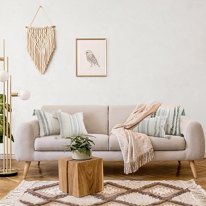 decorUhome Decorative Boho Throw Pillow Cover 18x18, Accent Neutral Textured Tufted Pillow Cover Striped for Couch Bed Sofa, Grey and Cream White, Pack of 1