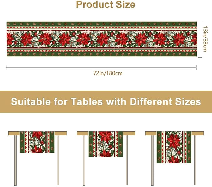 Christmas Flower Table Runner Burlap Kitchen Dining Linen Table Decoration for Indoor Outdoor Home Party Dinner 13x72 Inch