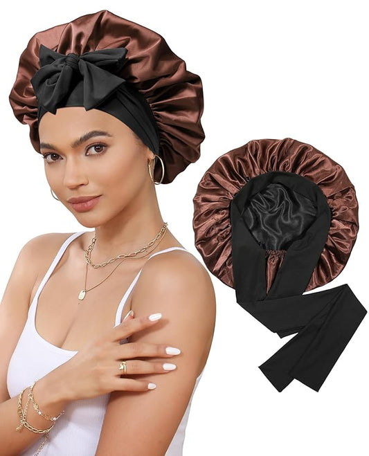 Satin Bonnet Silk Bonnet for Sleeping Silk Sleep Cap Double Layer Hair Bonnet with Elastic Tie Band for Curly Hair Night Cap (Black+Brown)