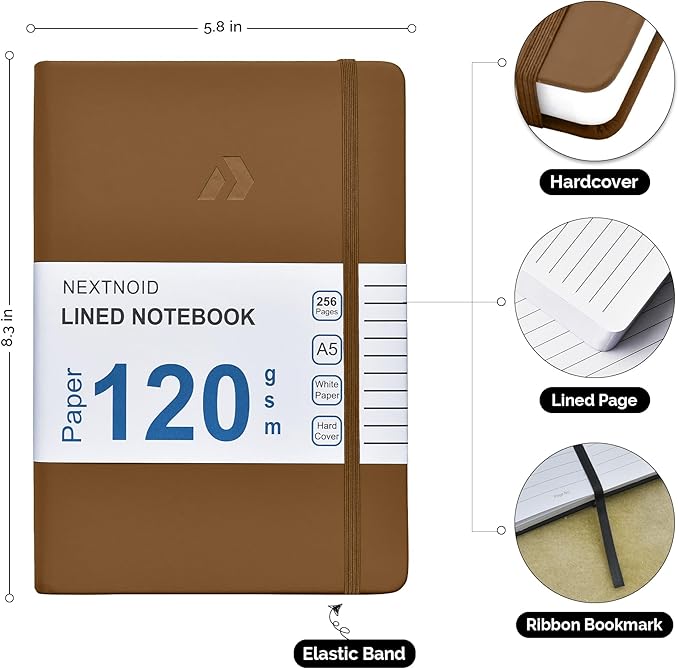 Nextnoid Hardcover Lined Journal Notebook - 120 GSM Thick Paper, Medium A5-256 Pages - Perfect For Writing, Journaling and Note-Taking (Brown, Ruled)