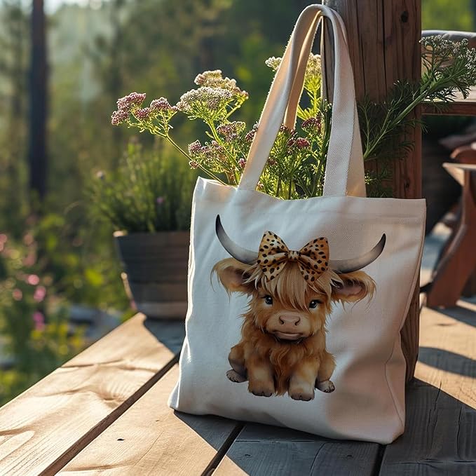Western Highland Cow Canvas Tote Bag - Highland Cow Lover Gifts,Canvas Shoulder Bag for Women for Girls