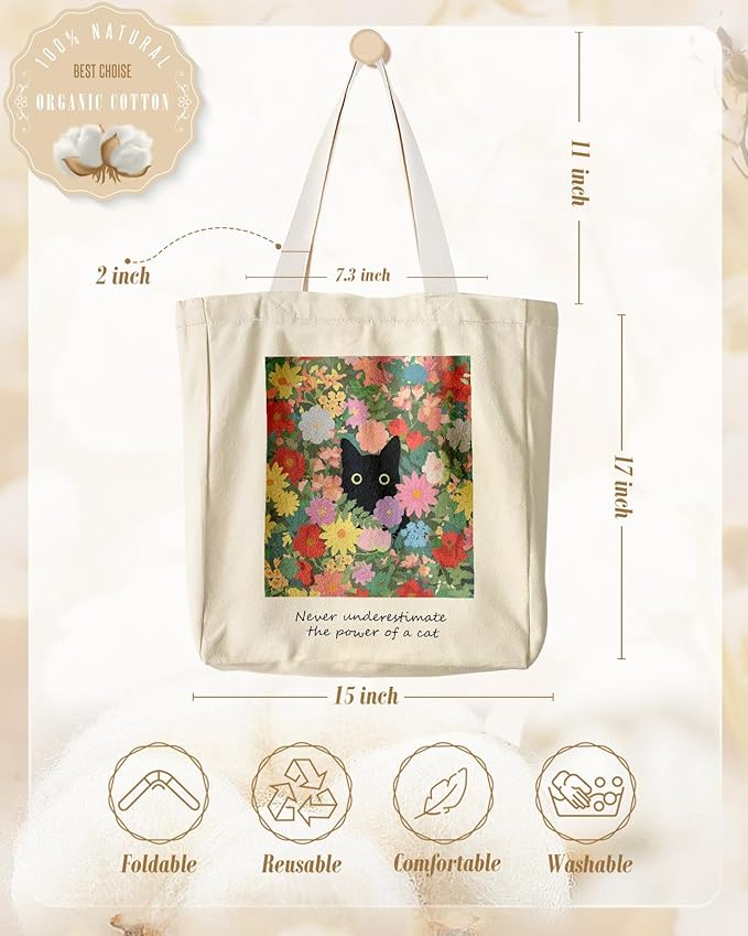 Aesthetic Heavy Canvas Tote Bag with Pocket for Women, Cloth Gusseted Totes Bag with Pattern for Shopping