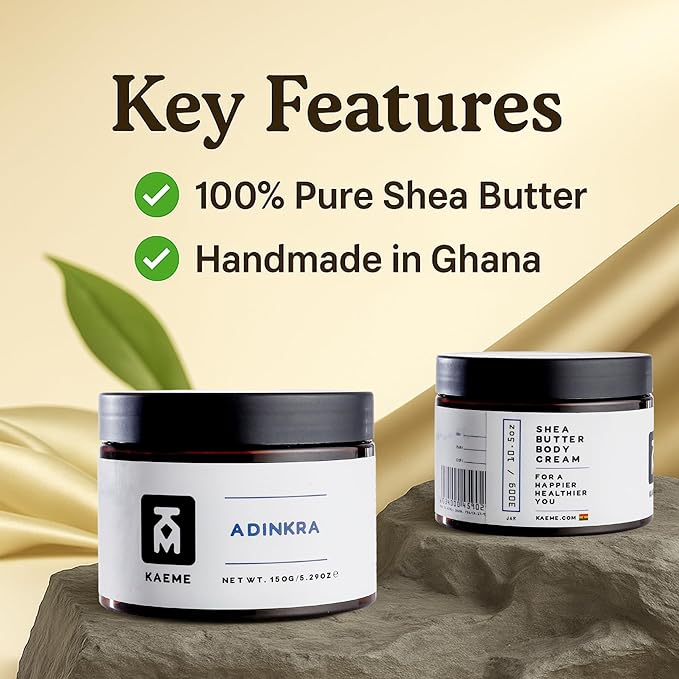 Kaeme Adinkra Pure Whipped Shea Butter made from Raw Organic Unrefined Butter Skin Moisturizer Hair Repair with coconut Oil for women and men (10.5oz/300g jar)