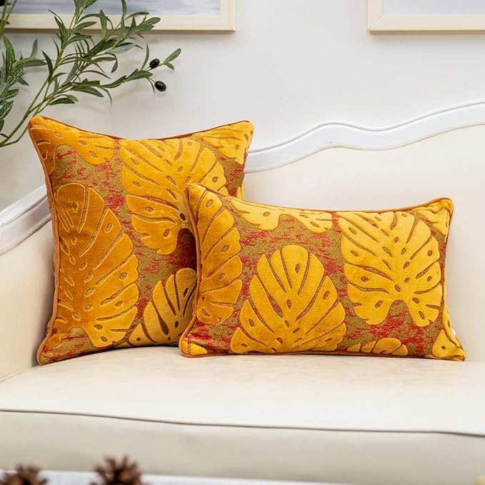 Alerfa 12 x 20 Inch Rectangle Leaf Pillow Embroidery Cut Velvet Cushion Case Luxury Modern Lumbar Throw Pillow Cover Decorative Pillow for Couch Sofa Living Room Bedroom Car, Orange