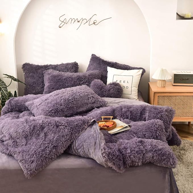 MorroMorn 5 PCS Plush Shaggy Duvet Cover Sets, Luxury Shag Fluffy Comforter Cover Fuzzy Bedding Set - Long Faux Fur Ultra Soft Cozy (Dark Purple, King/California King)