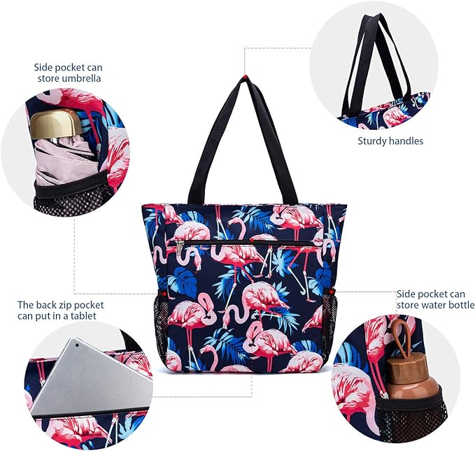 ETidy Large Capacity Foldable Tote Bag With Zipper Water-resistant SandproofWomen Beach Bag Handbag GymBag Travel ShoppingBag