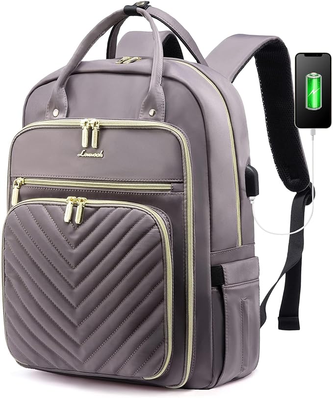 LOVEVOOK Womens Backpack,15.6 Inch Laptop Backpack for Work Travel, Large Capacity Work Backpack for Teacher Nurse, Computer Bag with USB Charging Port.Grey Purple.