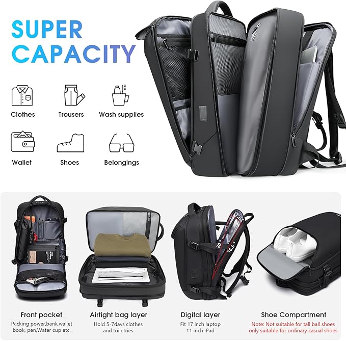 Vacuum Backpack for Men,50L Expandable Compression Backpack With Vacuum Seal, 17.3 Inch Water Resistant Laptop Backpack with USB Charging Port-Not Vaccum Pump Included