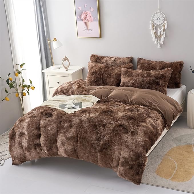 MorroMorn 5 PCS Shaggy Duvet Cover Bedding Set - Fluffy Comforter Cover Long Faux Fur Luxury Ultra Soft Cozy (Marble Brown, Full/Queen)