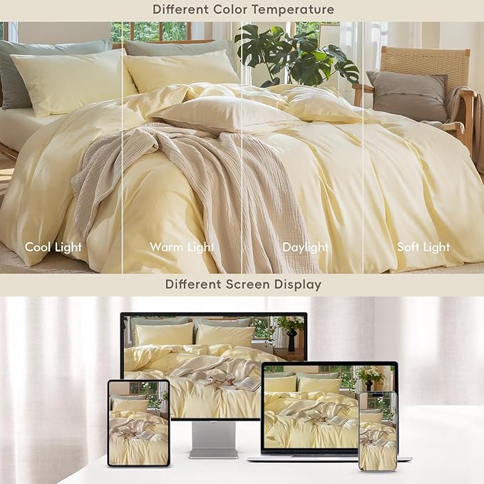 MooMee Bedding Duvet Cover Set 100% Washed Cotton Linen Like Textured Breathable Durable Soft Comfy (Heathered Butter Yellow, Super King 108"x98")