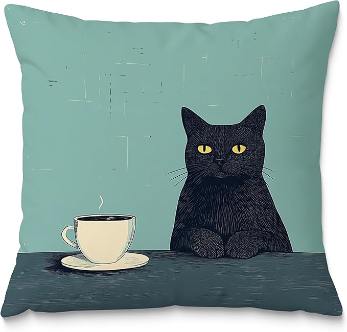 Black Cat Pillow Covers 18x18，Cat Lovers Mom Grandma Gifts for Mother's Day, Black Cats with a Cup Pillow Covers for Home Bedroom Living Room Office Decor