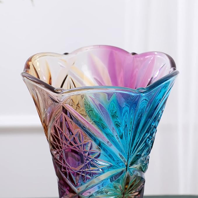 Crystal Glass Colorful Vase,Glass Flower Vase Decor for Home Dining Table Living Room,Office Wedding Holiday Party,Handmade Pattern(Sun Flower)