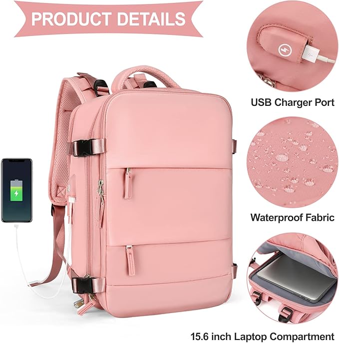 coowoz Large Travel Backpack For Women Men,Carry On Backpack,Hiking Backpack Waterproof Outdoor Sports Rucksack Casual Daypack Travel Essentials Pink