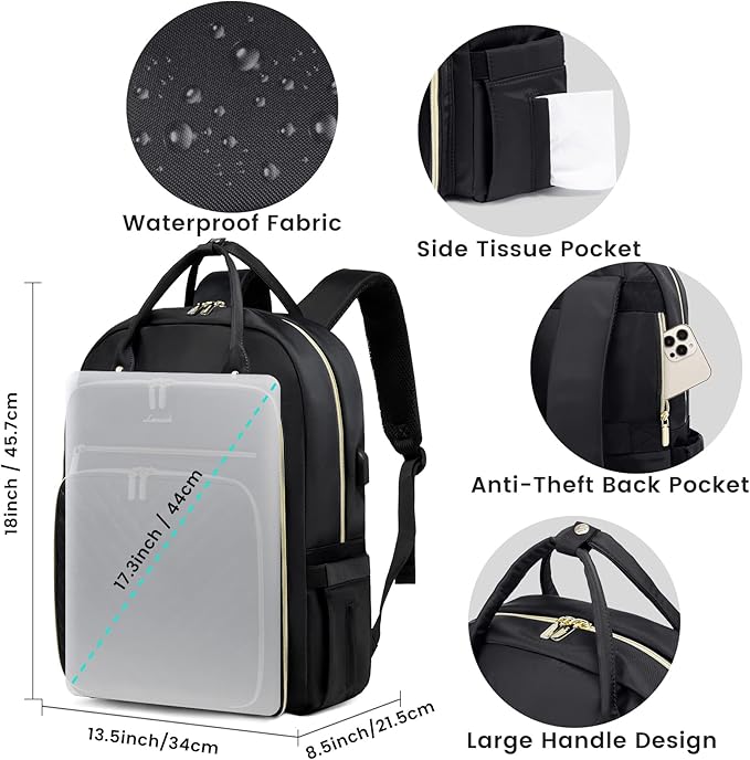 LOVEVOOK Laptop Backpack Women Teacher Backpack,17.3 Inch Laptop Bag with USB Port,Waterproof Daypack for Work Travel,Black