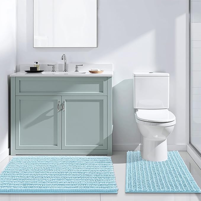 Arotive Luxury Chenille Bathroom Rug Mat, Extra Soft Thick Absorbent Shaggy Bath Rugs, Non-Slip Machine Wash Dry, Plush Bath Mats for Bathroom, Shower and Tub, 59x35, Blue