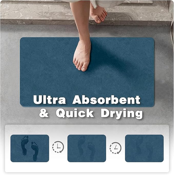 Bathroom Mat Quick Dry, Bathroom Rugs Non Slip Washable Thin Absorbent Bath Mat Fits Under Door Bathroom Floor Mat Perfect for Bath, Shower, or Sink 24"x48" Denim Blue