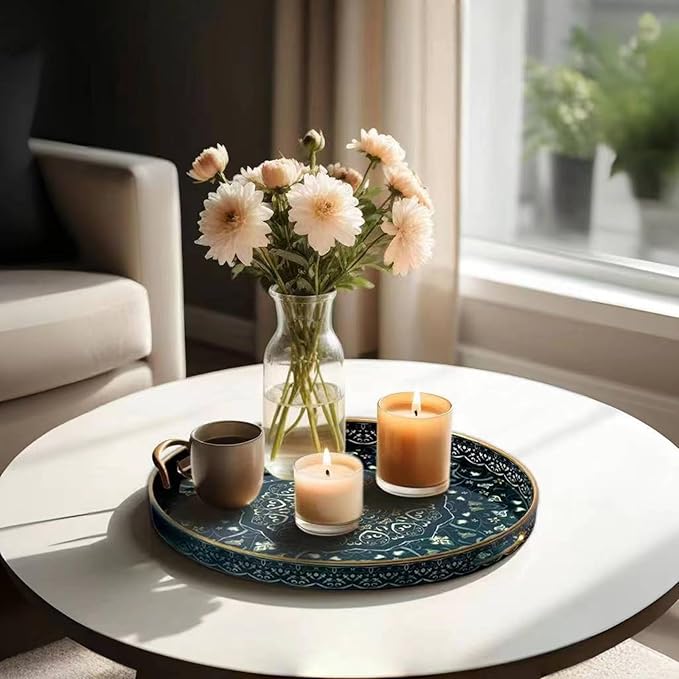 Round Serving Tray with Handles - Large Round Ottoman Tray Coffee Table Tray,Plastic Decorative Trays for Coffee Table,Boho Ottoman Trays for Living Room