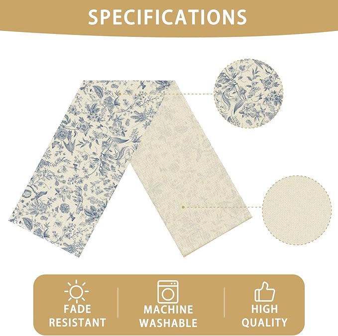 Blue Flower Burlap Table Runner Seasonal Spring Fall Kitchen Dining Linen Table Decoration for Indoor Outdoor Home Party Dinner 13x72 Inch