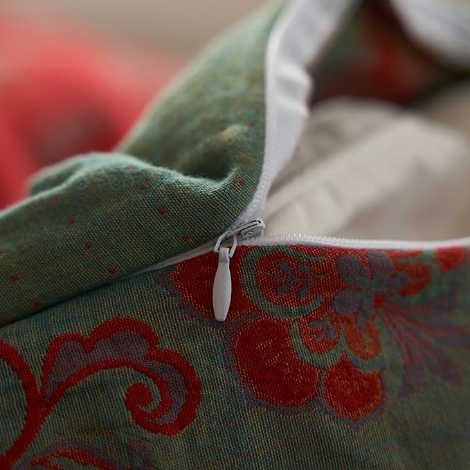 mixinni Exquisite Vintage Red Floral Duvet Cover King Size Yarn-Dyed Jacquard Textured Design Duvet Cover Set with Green Edge Design Premium Muslin Cotton-Linen Bedding Set for All Season-King Size