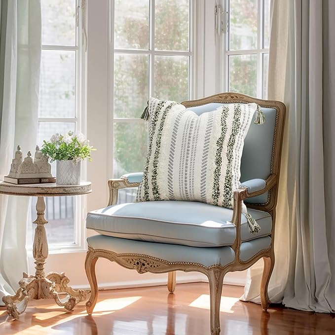 decorUhome Decorative Boho Throw Pillow Cover 20x20, Accent Neutral Textured Tufted Pillow Cover Striped for Couch Bed Sofa, Green and Cream White, Pack of 1