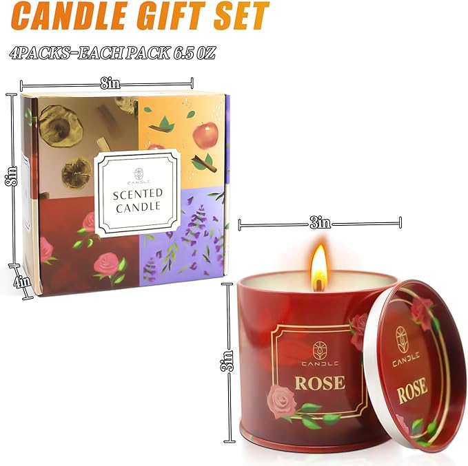 Scented Candles Gift for Women,4 Pack Natural Soy Wax Candles Long Lasting Rose Lavender Sandalwood Apple Cinnamon Fragrance Gift for Mothers Day, Birthday, Thanksgiving Day, Christmas, Valentines Day