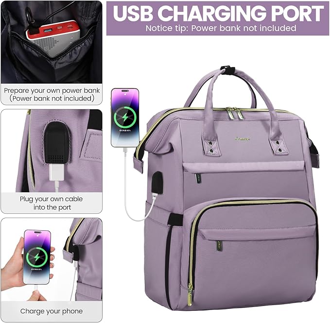 LOVEVOOK Laptop Backpack for Women,15.6 Inch Professional Womens Travel Backpack Purse Computer Laptop Bag Nurse Teacher Backpack,Waterproof Work Bags Carry on Back Pack with USB Port,Light Purple