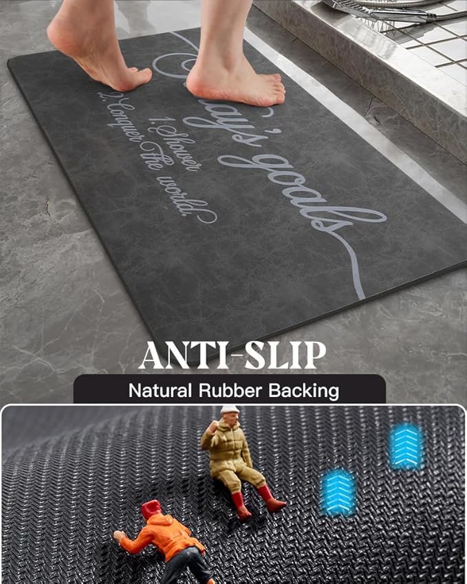 MontVoo -Bath Mat Rug- Non Slip Quick Dry Absorbent Thin Bathroom Rugs Fit Under Door-Faux Suede Surface Bathroom Floor Mats-Shower Rug for in Front of Bathtub Shower 17 X59 Dark Grey Text Pattern