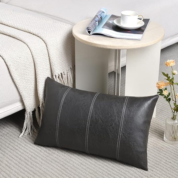 Fancy Homi 2 Packs Dark Gray Long Lumbar Faux Leather Decorative Throw Pillow Covers 12x24 Inch for Outdoor Couch Bed, Modern Farmhouse Boho Home Decor, Grey Hand Stitched Cushion Case 30x60 cm