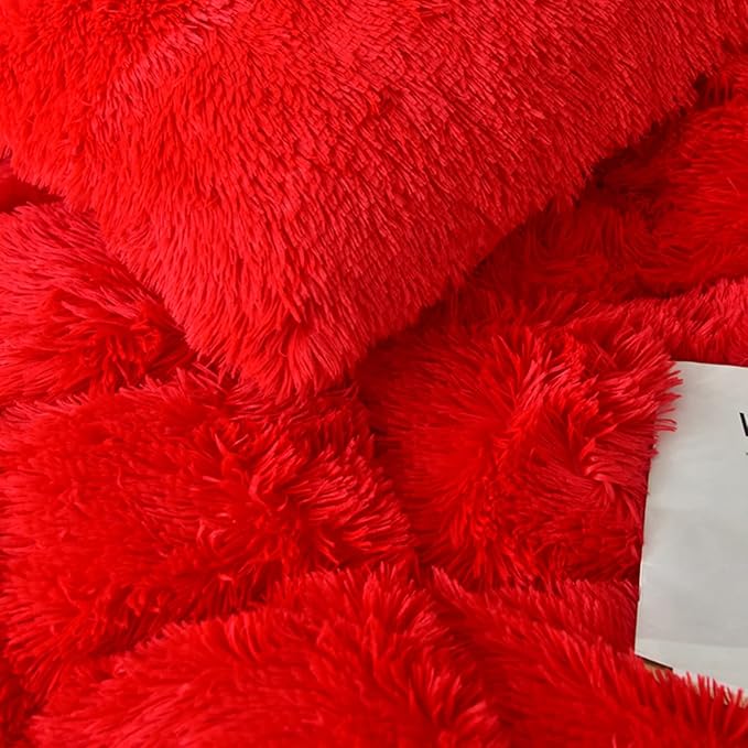 MorroMorn 5 PCS Shaggy Duvet Cover Bedding Set - Long Faux Fur Luxury Ultra Soft (Red, King/California King)