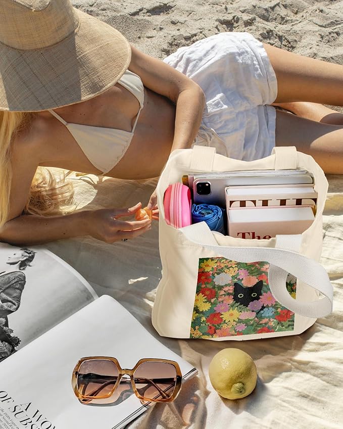 Aesthetic Heavy Canvas Tote Bag with Pocket for Women, Cloth Gusseted Totes Bag with Pattern for Shopping