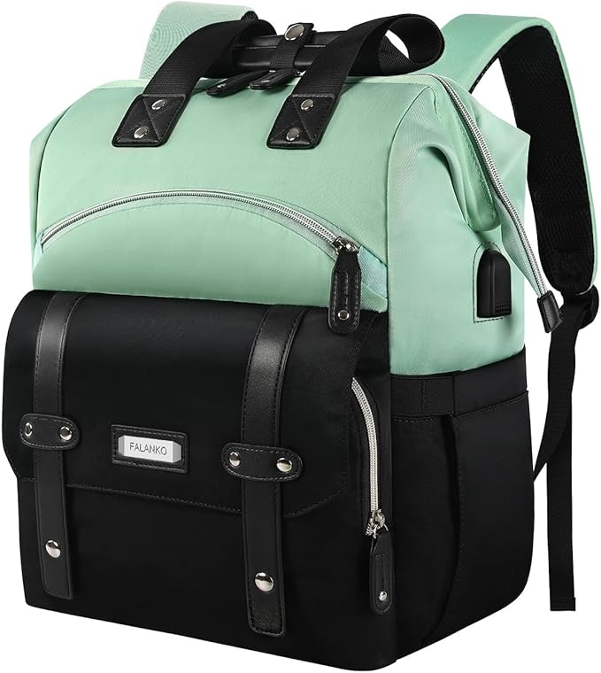 FALANKO Laptop Backpack for Women,College Work Teacher backpack for 15.6 Inch laptop with USB Charging Port,Travel Anti Theft Laptops Backpack RFID Anti Theft, Shoulder Purse Bags Green Black