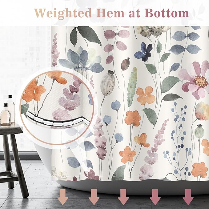 Aimego Spring Floral Shower Curtain -Colorful Watercolor Ink Flowers Plant Summer Nature Botanical Fabric Cloth Bath Shower Curtain Set with 12 Hooks for Bathroom Decor Accessories, 72"x72"