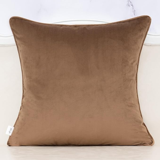 Alerfa Brown Throw Pillow Cover 18x18 Inch, Square Cut Velvet Maple Leaf Embroidery Luxury Farmhosue Accent Decorative Pillow Cover for Couch Living Room Bedroom