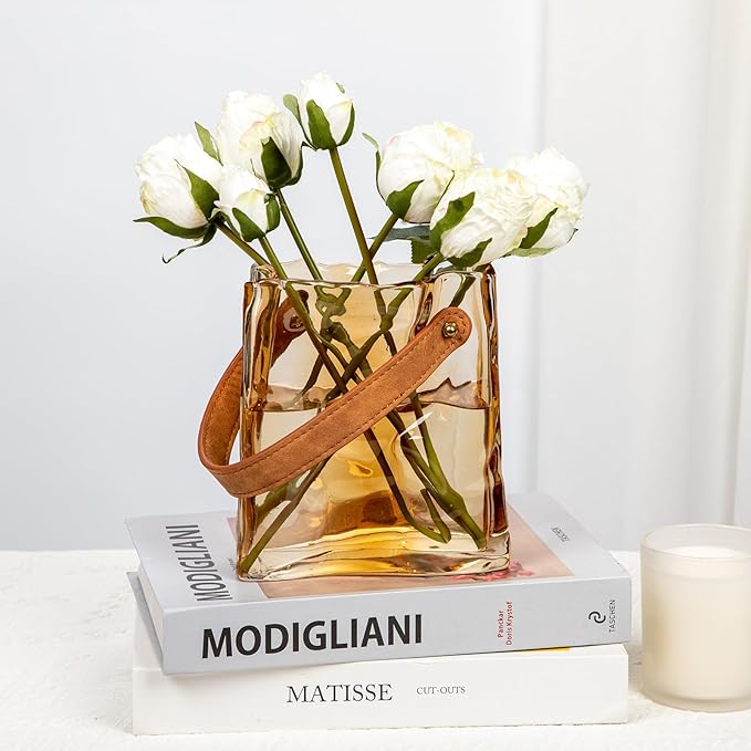 Glass Purse Vase for Flowers Amber Vases for Centerpieces Glass Bag Vase with Leather Handle Small Bag Vases for Decor Decorative Fish Bowl for Home Wedding Decor