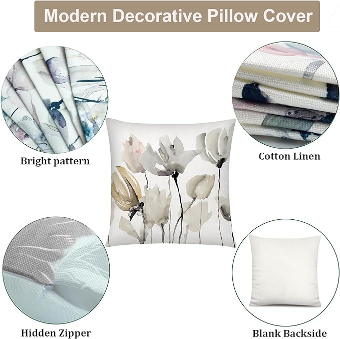 COMMINY Brown White Grey Pillow Covers 20x20 Set of 6 Flower Throw Pillow Cover for Couch Modern Decorative Watercolor Floral Cushion Cover for Sofa Bedroom Living Room Farmhouse Home Decor