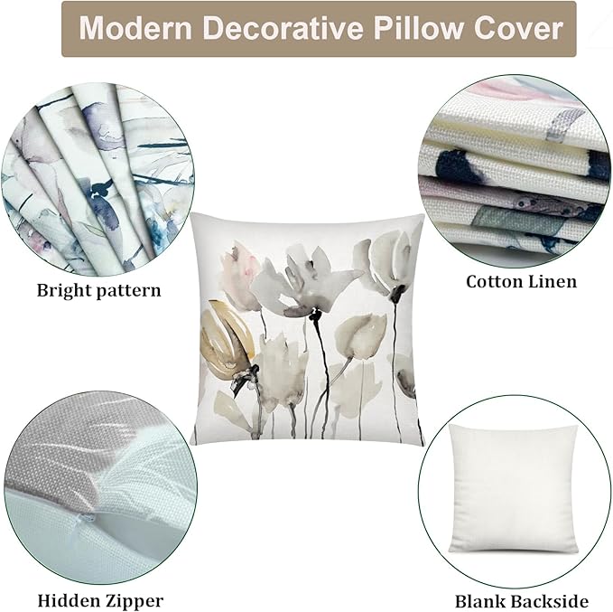Brown White Grey Pillow Covers 16x16 Set of 6, Watercolor Flower Throw Pillow Cover for Couch, Modern Floral Cushion Cover for Sofa Bedroom Living Room Farmhouse Home Decor