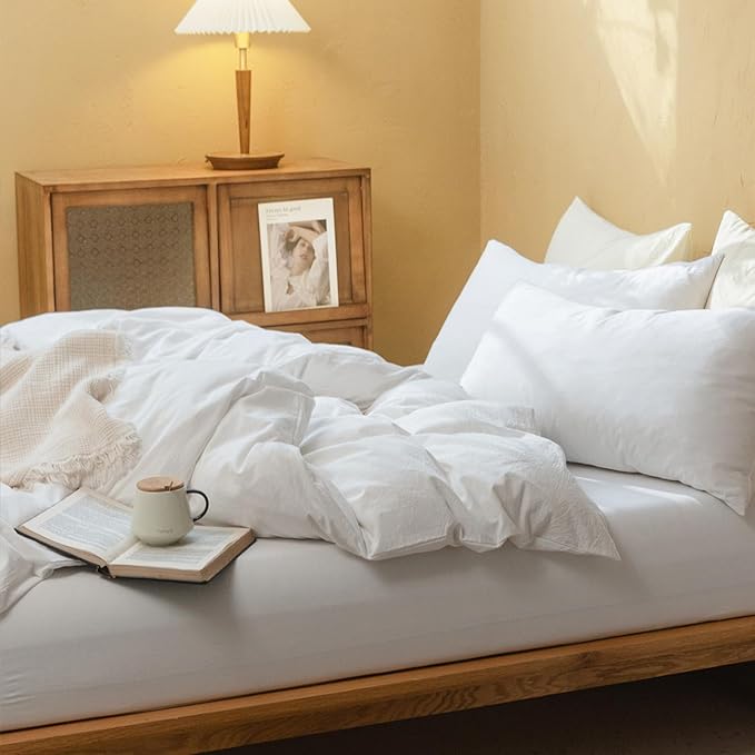 FOSSA White Duvet Cover Set, 100% Washed Cotton Linen Feel Super Soft Breathable Cozy 3 Pieces Bedding Sets Solid Off White Queen