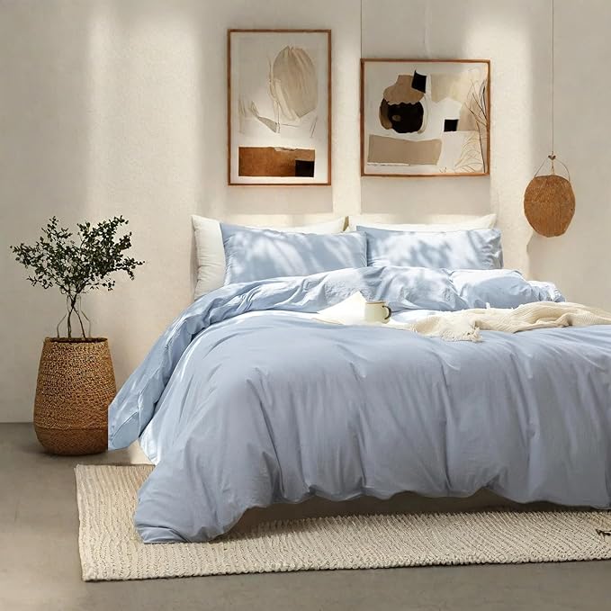 FOSSA Duvet Cover Set 100% Washed Cotton Linen Feel Super Soft Breathable Cozy 3 Pieces Bedding Sets Solid Sky Blue King