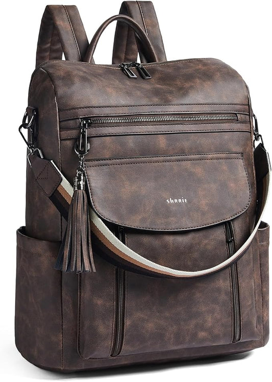 Shrrie Laptop Backpack for Women 15.6 inch,Travel Leather Backpack Purse Nurse Teacher Carry on Backpack Computer Bag,Professional Water-Resistant College Business Work Casual Daypack,Deep Gray