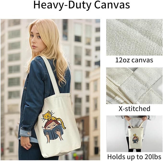 Canvas Tote Bag for Women, Aesthetic Tote Bag with Zipper Pocket for Grocery Travel Work Gift, Canvas Shopping Bag