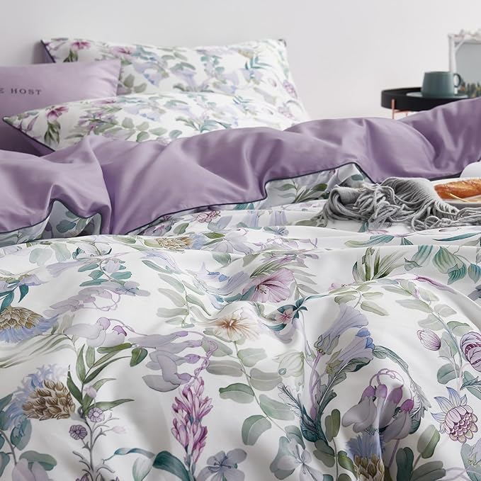 mixinni Garden Style King Duvet Cover Set Purple Large Flower on White Duvet Cover Long Staple Cotton Fresh Floral Leaves Bedding Set with Zipper Ties Perfect for Him and Her-(3pcs, King Size)