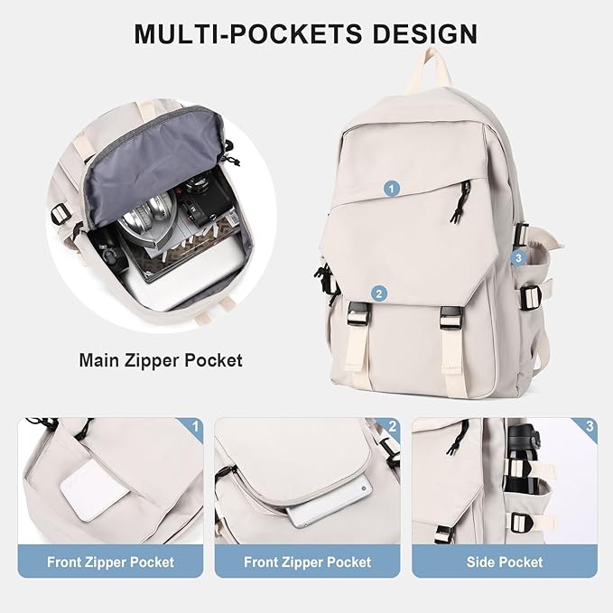 Lightweight School Bag Casual Daypack College Laptop Backpack for Men Women Water Resistant Travel Rucksack for Sports High School Middle Bookbag for girls（White）