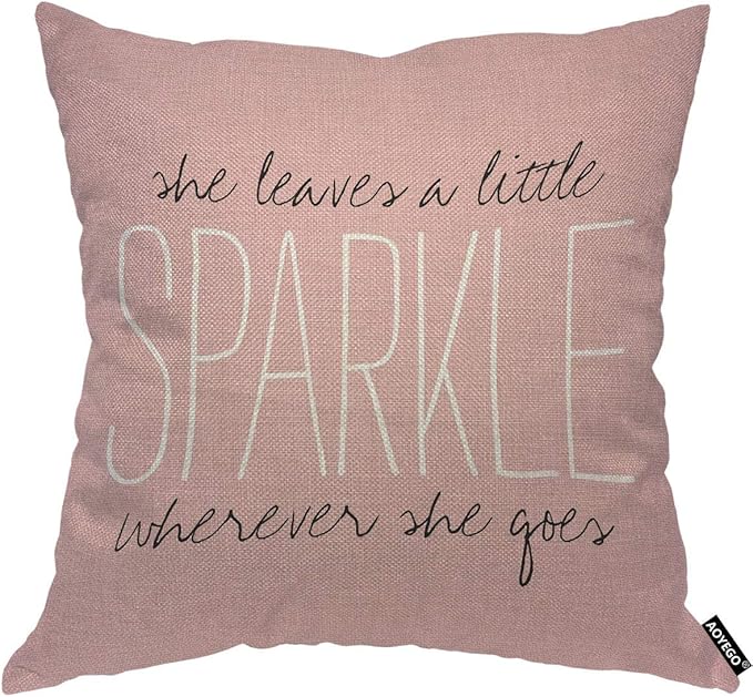 AOYEGO Pink Sparkle Monogram Throw Pillow Cover She Leaves A Little Sparkle Wherever She Goes Pink Background Shiny Words Pillow Case 18x18 Inch Decorative Men Women Room Cushion Cover
