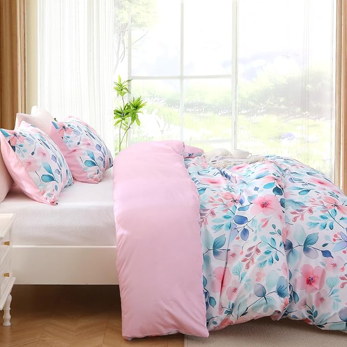 MUXHOMO Duvet Cover Queen Size, Reversible Floral Vintage Duvet Cover Set with Zipper Closure, 3 Pieces Botanical Patterns Soft Microfiber Bedding Set (90"x90", 2 Pillow Cases, Pink Blue Branch)