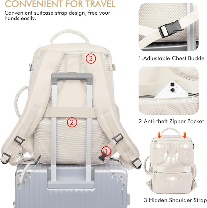 Beraliy Travel Backpack Airline Approved, Carry on Backpack, 16 Laptop Backpack, Waterproof Weekender Bag, Casual Daypack, Hiking Backpack, Beige